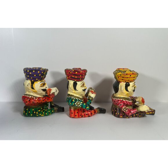Set Of 3 Hand-Painted Carved Indian Raja Musician Figurines In Vibrant Colors Wo - Picture 3 of 10